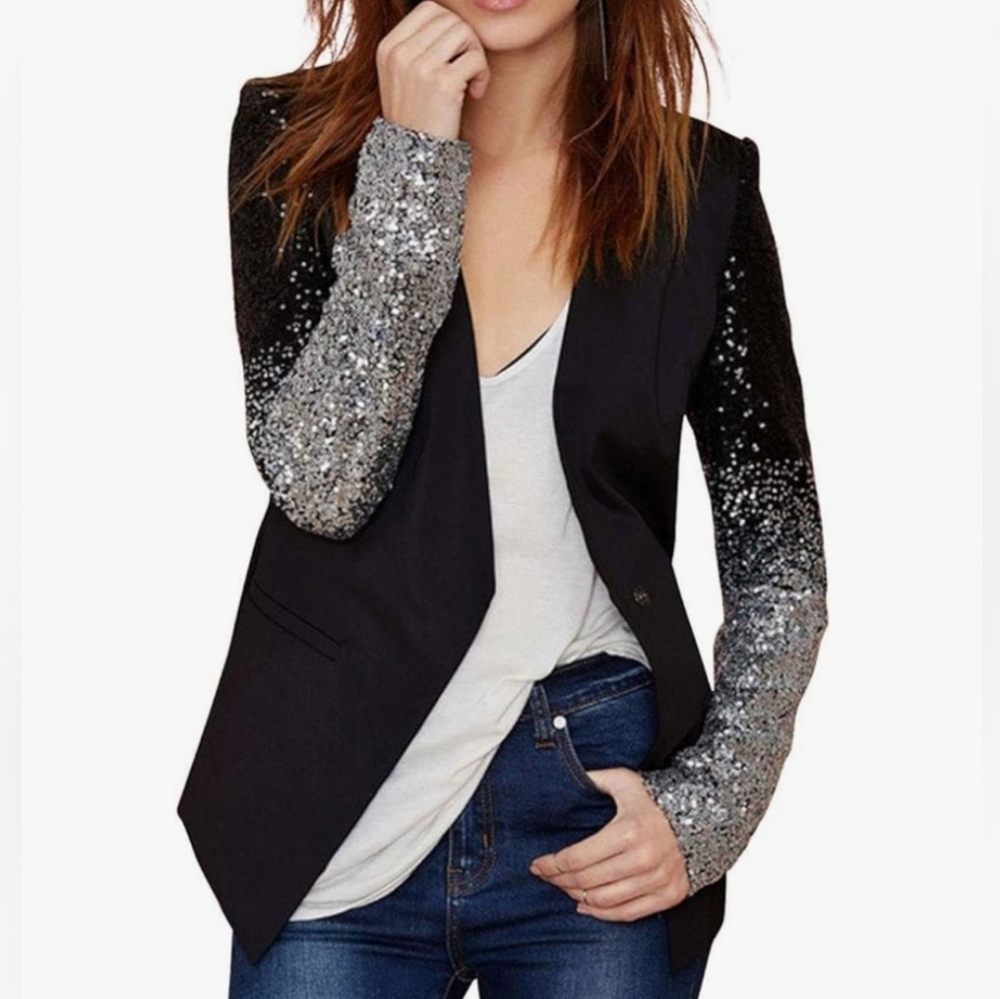 Hancy Ombre Sequin Sleeve Black Single Button Blazer Size XL